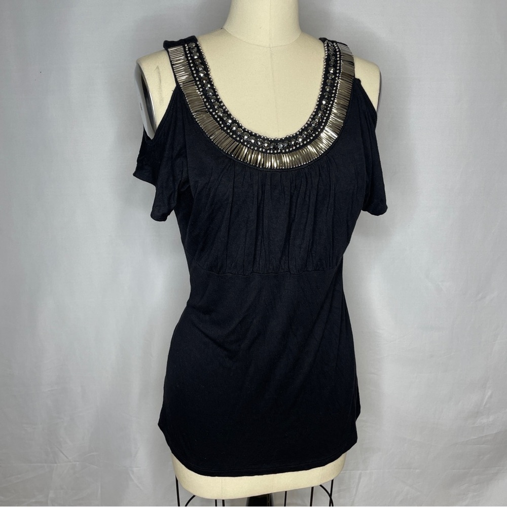 Black cold shoulder top with silver beaded neckline w rhinestone embellishments